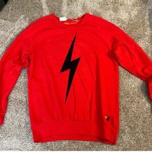 Aviator Nation Red Crewneck Sweater with Black Lightning Bolt